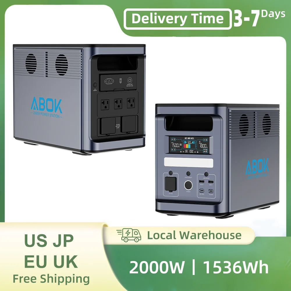 ABOK Ark2000 Estación de energía portátil 2000W 1536Wh LiFePO4 Batería Generador solar Banco de energía Carga rápida para el hogar, RV, Camping