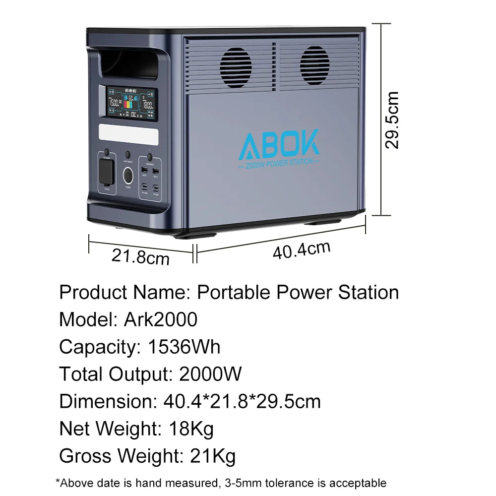 ABOK Ark2000 Estación de energía portátil 2000W 1536Wh LiFePO4 Batería Generador solar Banco de energía Carga rápida para el hogar, RV, Camping