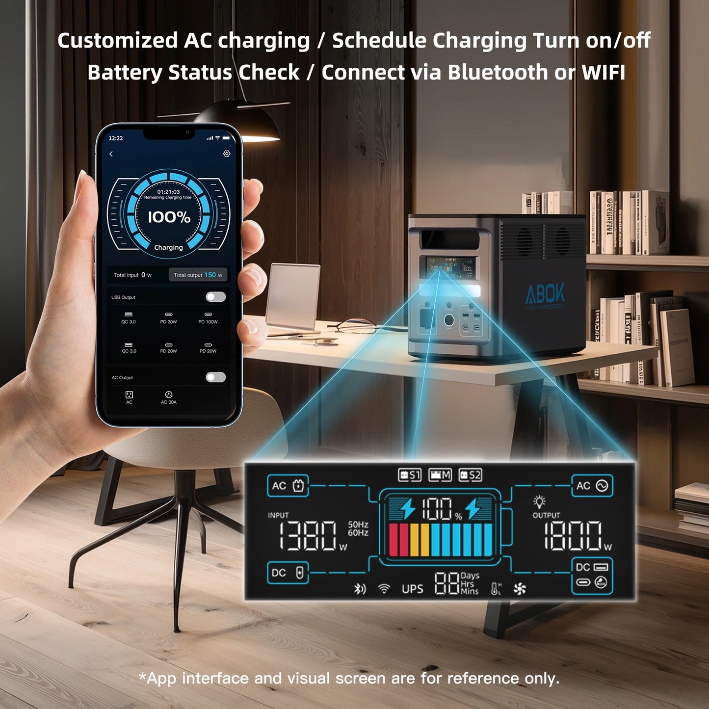 ABOK Ark2000 Estación de energía portátil 2000W 1536Wh LiFePO4 Batería Generador solar Banco de energía Carga rápida para el hogar, RV, Camping