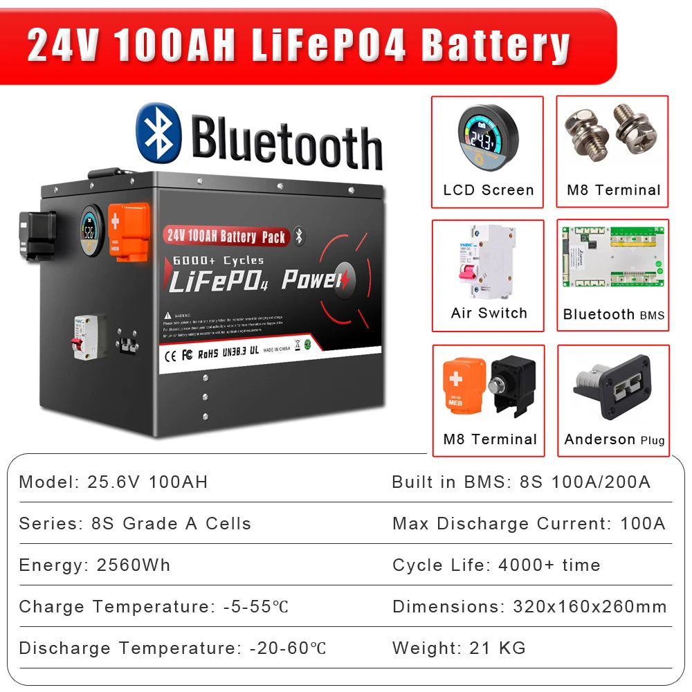 24V 100Ah 200Ah 300Ah LiFePO4 batería Bluetooth BMS grado A 6000 + ciclo profundo para almacenamiento Solar en el hogar RV barco inversores PV
