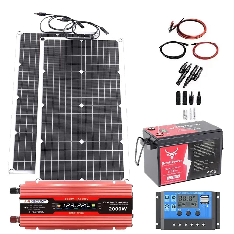 Kit completo de energía Solar fuera de la red de 2000W, controlador de 100A, inversor de 110V 220V y batería LiFePO4 de 10AH y 30AH para el hogar/RV/Camping