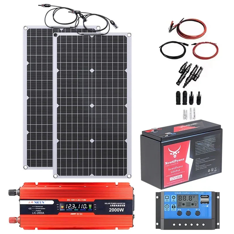 Kit completo de energía Solar fuera de la red de 2000W, controlador de 100A, inversor de 110V 220V y batería LiFePO4 de 10AH y 30AH para el hogar/RV/Camping