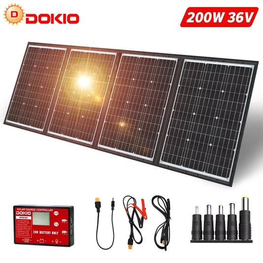 Panel Solar portátil DOKIO de 36V y 200W, paneles plegables de 300W con controlador de 10A de 24V para viajes, teléfono y barco, Kit de sistema Solar