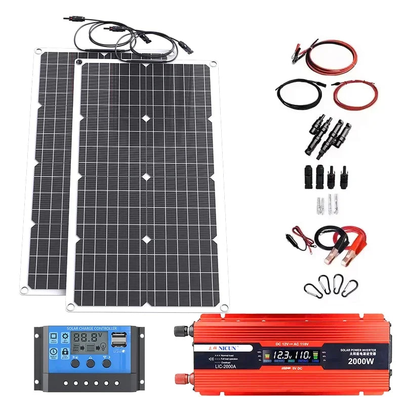 Kit completo de energía Solar fuera de la red de 2000W, controlador de 100A, inversor de 110V 220V y batería LiFePO4 de 10AH y 30AH para el hogar/RV/Camping