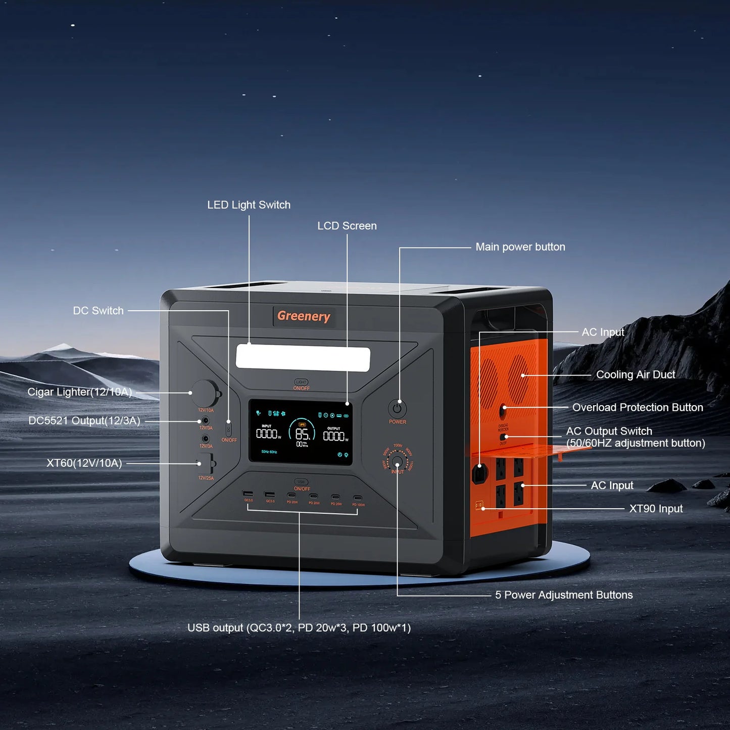 Greeny G2500 Estación de energía portátil Batería LiFePO4 de 2304 WH con 2500 W (pico de 4800 W) Generador solar de salida de CA para emergencias en el hogar