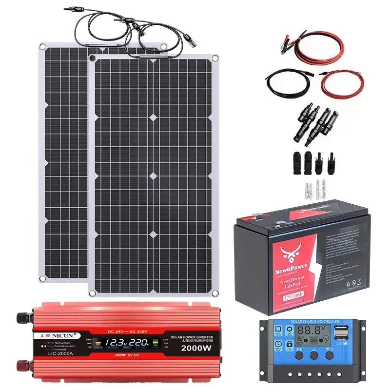 Kit completo de energía Solar fuera de la red de 2000W, controlador de 100A, inversor de 110V 220V y batería LiFePO4 de 10AH y 30AH para el hogar/RV/Camping