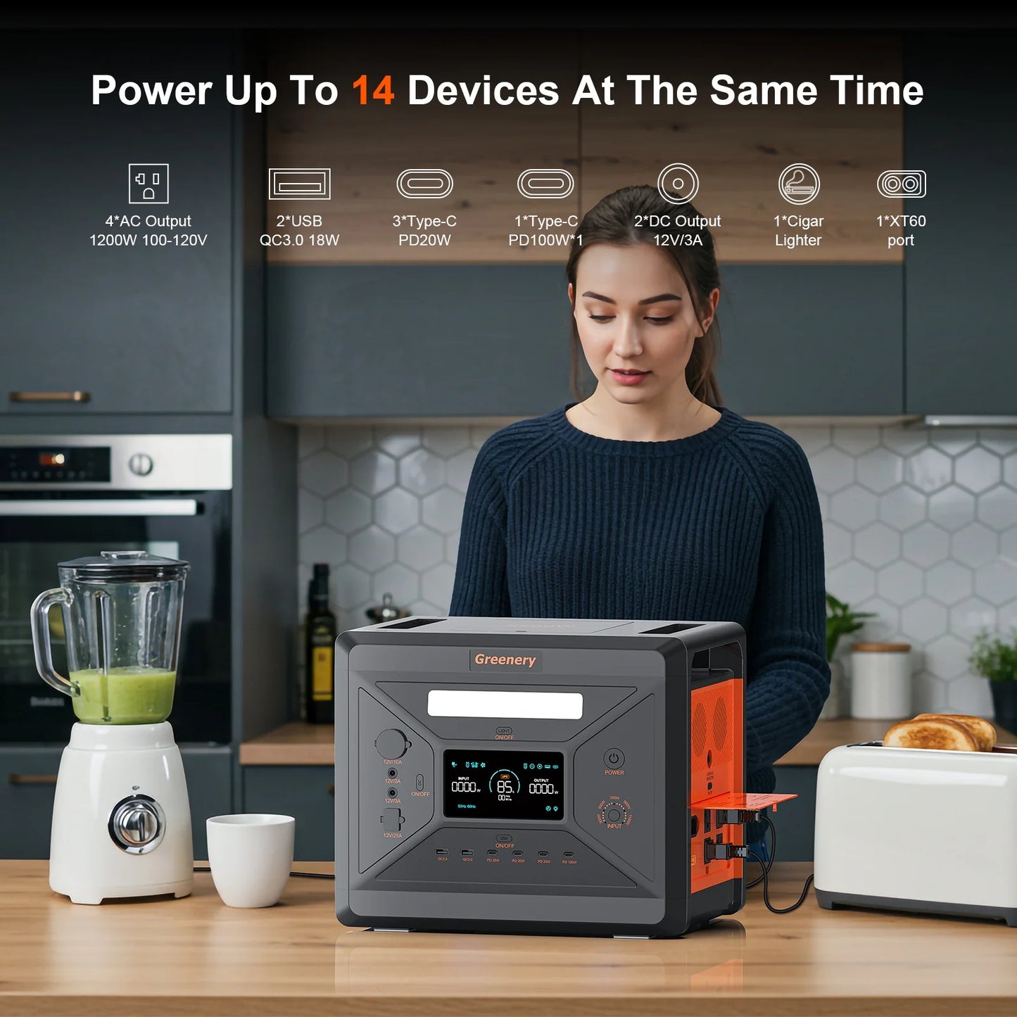 Greeny G2500 Estación de energía portátil Batería LiFePO4 de 2304 WH con 2500 W (pico de 4800 W) Generador solar de salida de CA para emergencias en el hogar