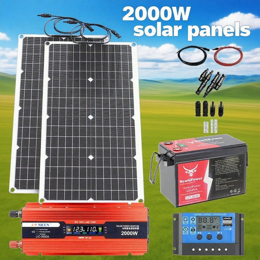 Kit completo de energía Solar fuera de la red de 2000W, controlador de 100A, inversor de 110V 220V y batería LiFePO4 de 10AH y 30AH para el hogar/RV/Camping