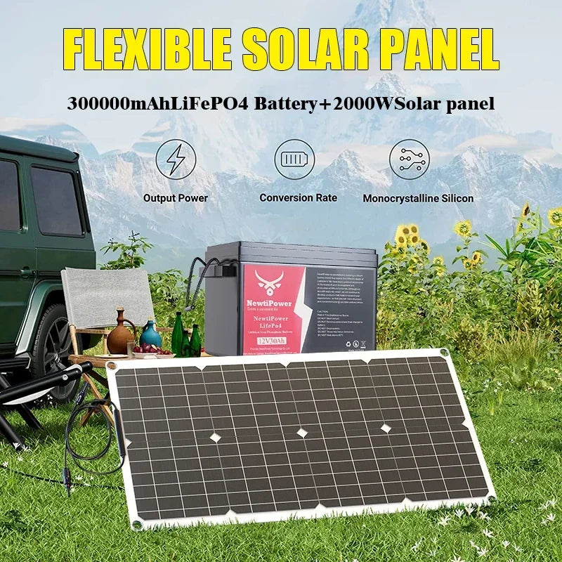 Kit completo de energía Solar fuera de la red de 2000W, controlador de 100A, inversor de 110V 220V y batería LiFePO4 de 10AH y 30AH para el hogar/RV/Camping