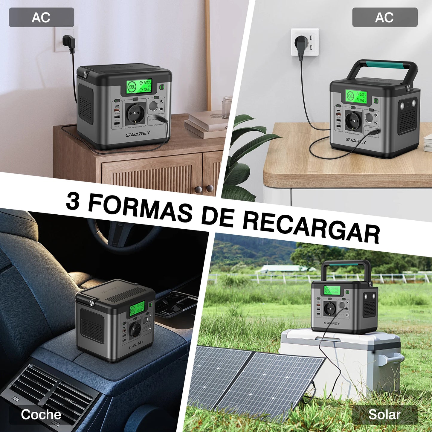 SWAREY S500 Pro 500W (1000W Pico) Estación de energía 518Wh Generador solar Cargador de energía de respaldo para el hogar Banco de energía con panel solar de 100W