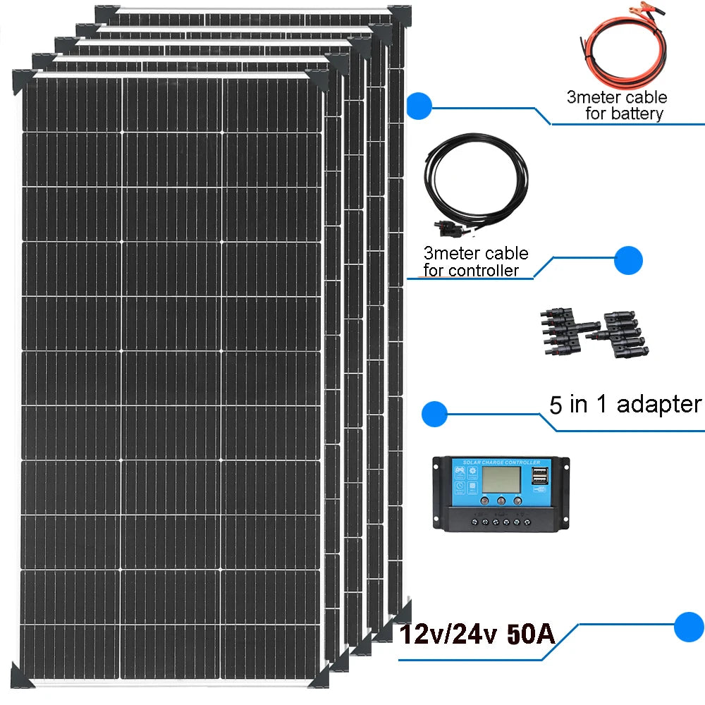 Cargador de batería de panel solar de 12 V 120 W |   240W |   360W |   480W |   600W |   720W |   1200W |   kit de panel solar Carga Camping RV Barco casa