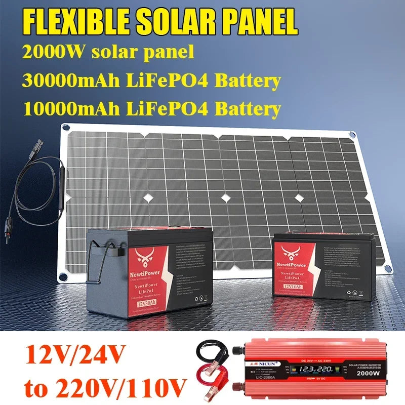 Kit completo de energía Solar fuera de la red de 2000W, controlador de 100A, inversor de 110V 220V y batería LiFePO4 de 10AH y 30AH para el hogar/RV/Camping