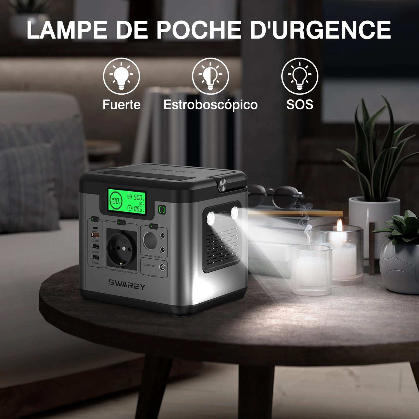 SWAREY S500 Pro 500W (1000W Pico) Estación de energía 518Wh Generador solar Cargador de energía de respaldo para el hogar Banco de energía con panel solar de 100W