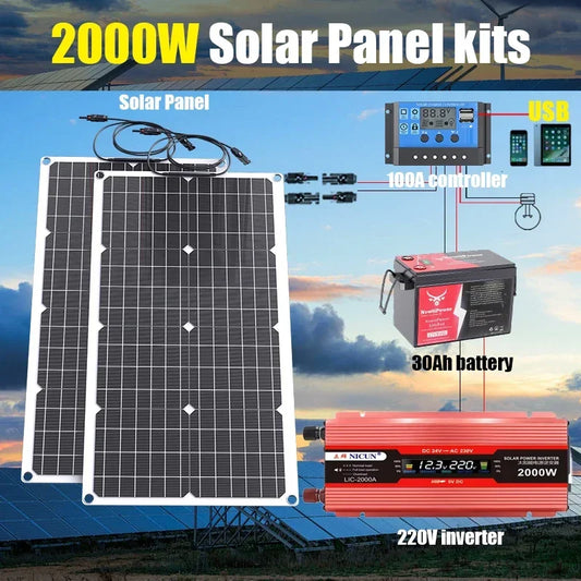 Kit completo de energía Solar fuera de la red de 2000W, controlador de 100A, inversor de 110V 220V y batería LiFePO4 de 10AH y 30AH para el hogar/RV/Camping