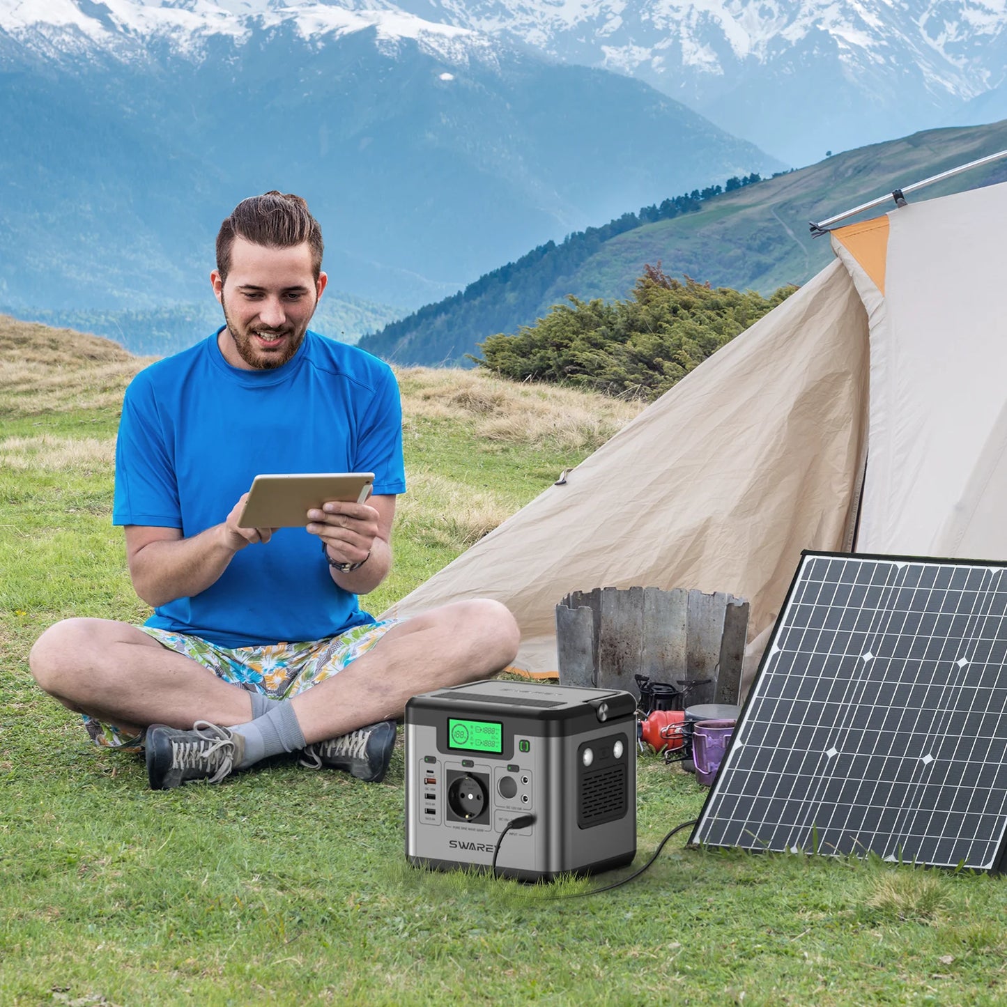 SWAREY S500 Pro 500W (1000W Pico) Estación de energía 518Wh Generador solar Cargador de energía de respaldo para el hogar Banco de energía con panel solar de 100W