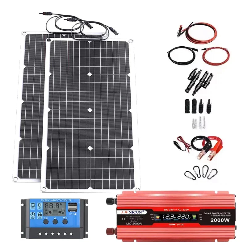 Kit completo de energía Solar fuera de la red de 2000W, controlador de 100A, inversor de 110V 220V y batería LiFePO4 de 10AH y 30AH para el hogar/RV/Camping