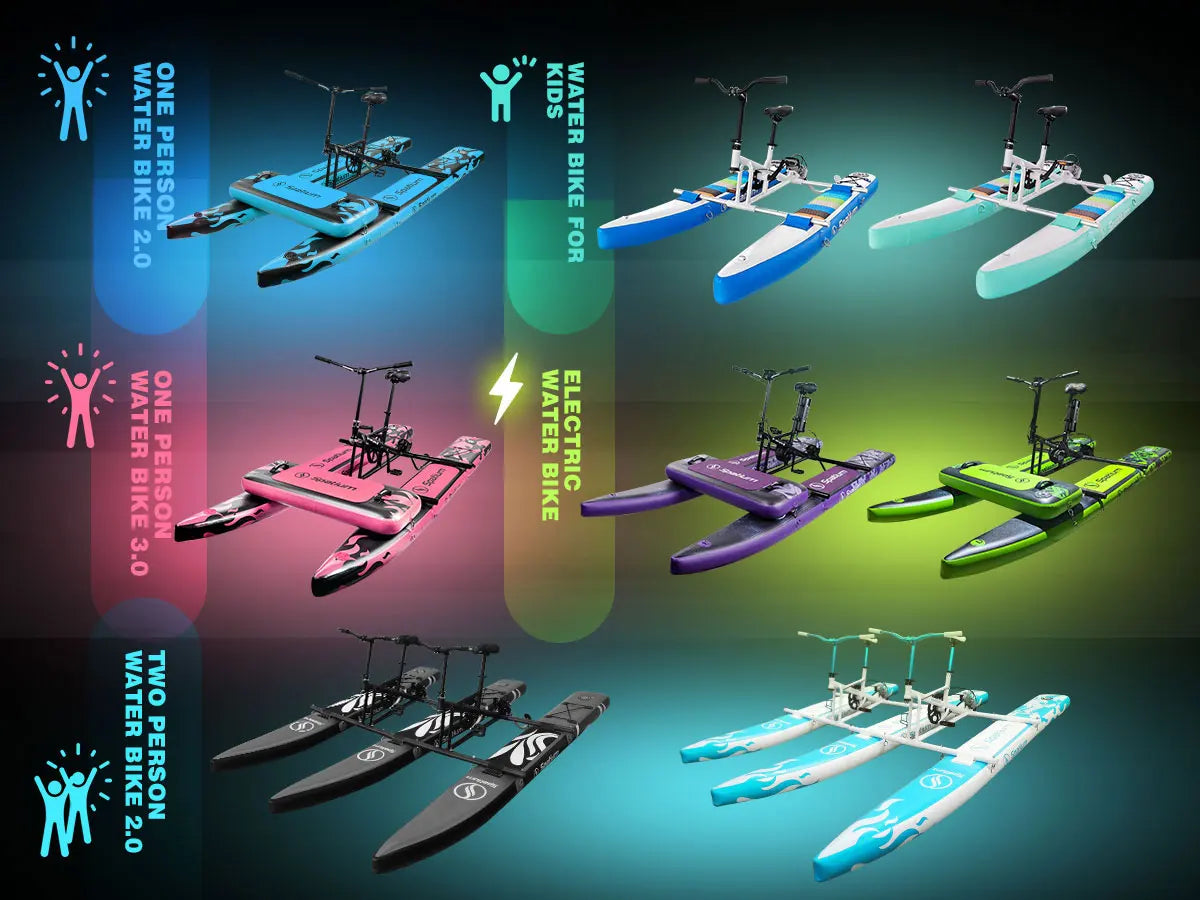 Colección de ponteros, bicicleta de agua eléctrica inflable, barcos con pedales, bicicleta a la venta