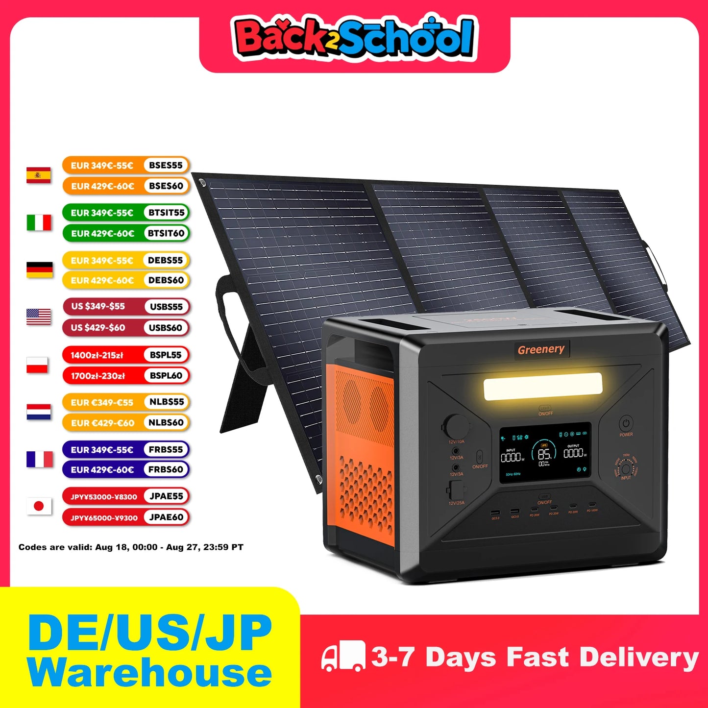 Greeny G2500 Estación de energía portátil Batería LiFePO4 de 2304 WH con 2500 W (pico de 4800 W) Generador solar de salida de CA para emergencias en el hogar