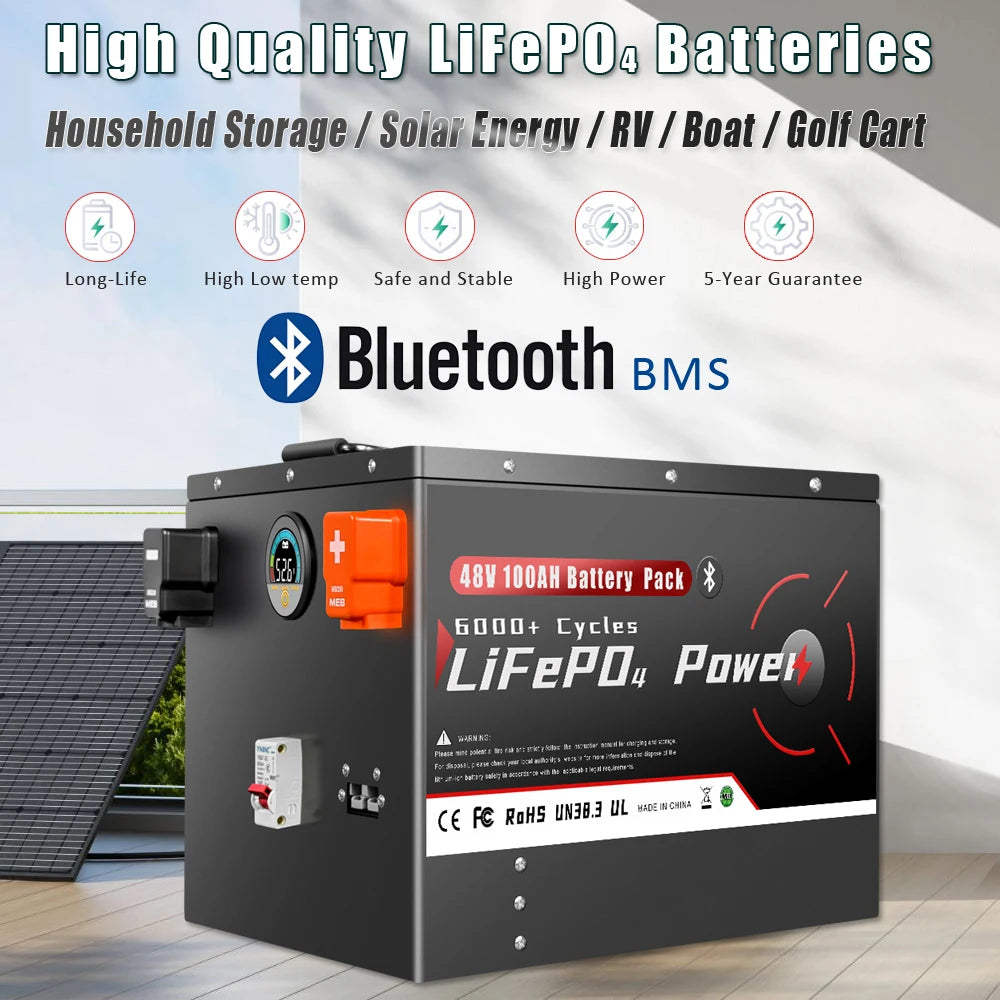24V 100Ah 200Ah 300Ah LiFePO4 batería Bluetooth BMS grado A 6000 + ciclo profundo para almacenamiento Solar en el hogar RV barco inversores PV