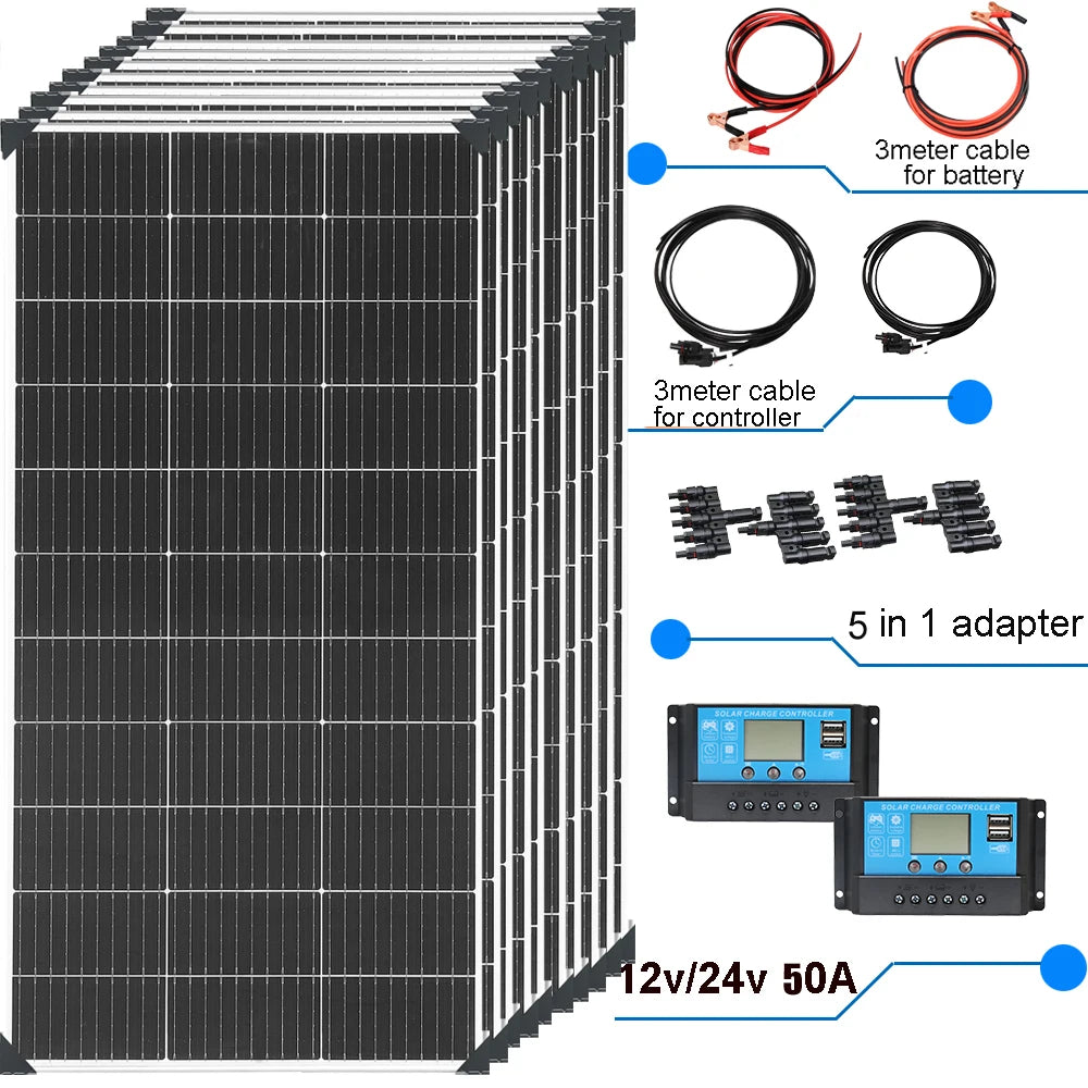 Cargador de batería de panel solar de 12 V 120 W |   240W |   360W |   480W |   600W |   720W |   1200W |   kit de panel solar Carga Camping RV Barco casa