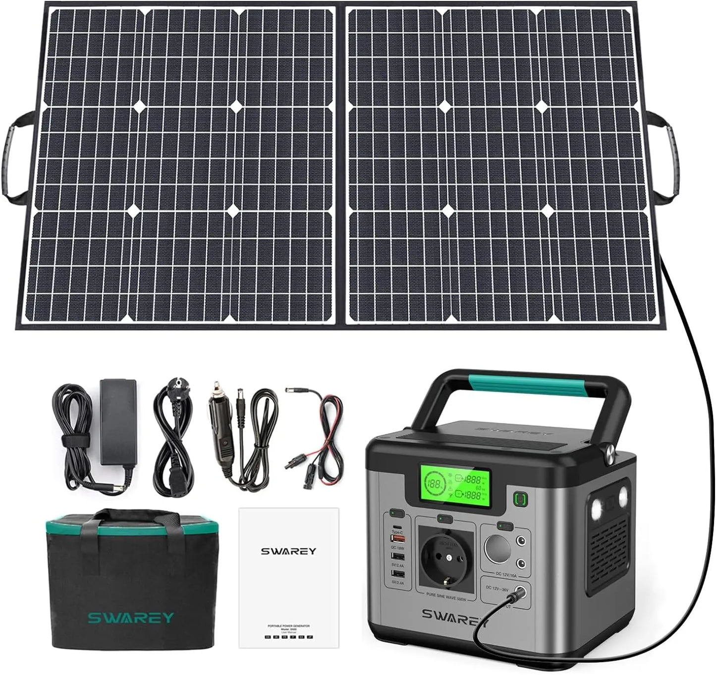 SWAREY S500 Pro 500W (1000W Pico) Estación de energía 518Wh Generador solar Cargador de energía de respaldo para el hogar Banco de energía con panel solar de 100W