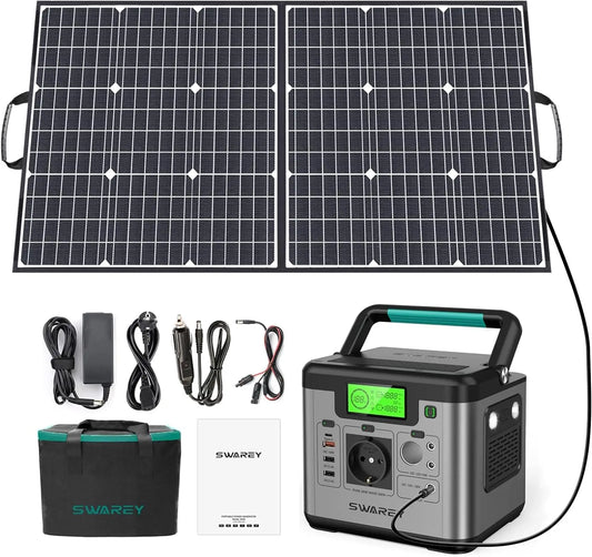 SWAREY S500 Pro 500W (1000W Pico) Estación de energía 518Wh Generador solar Cargador de energía de respaldo para el hogar Banco de energía con panel solar de 100W