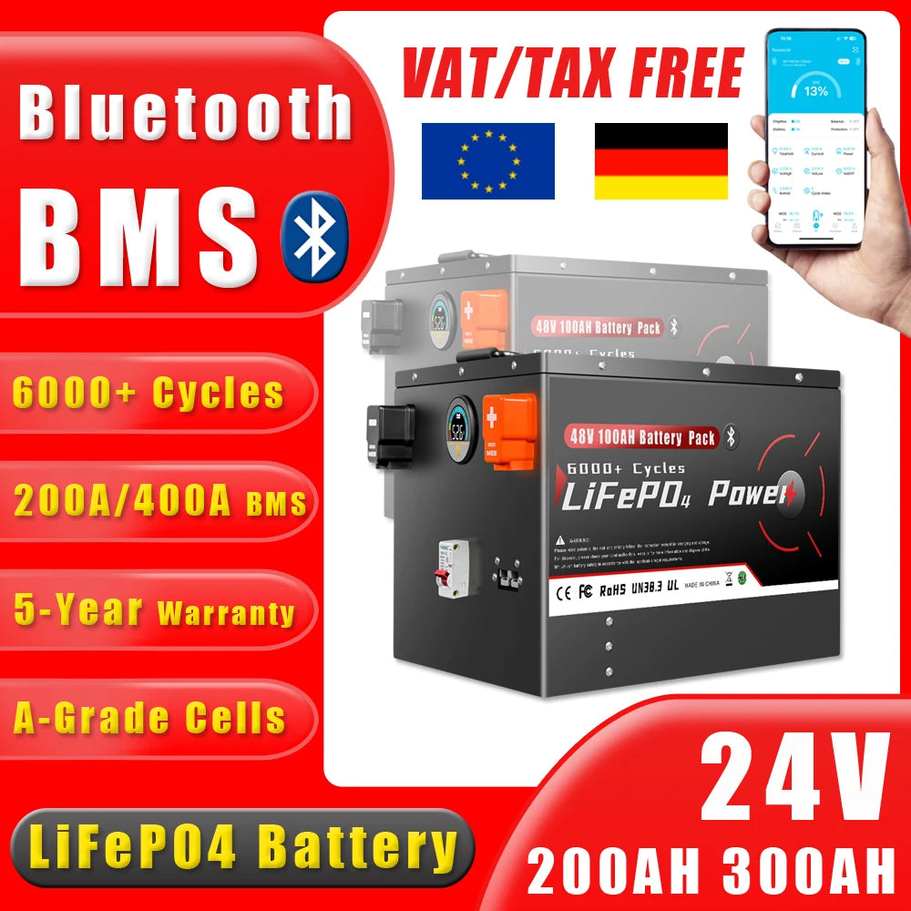 24V 100Ah 200Ah 300Ah LiFePO4 batería Bluetooth BMS grado A 6000 + ciclo profundo para almacenamiento Solar en el hogar RV barco inversores PV