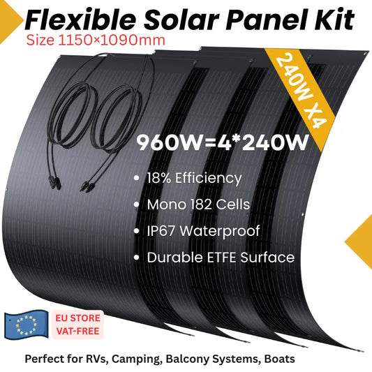 ¡NUEVO! Kit de panel solar flexible de 480 W / 960 W (2 × 240 W / 4 × 240 W), superficie ETF monocristalina, resistente al IP67, sistema de balcón para reloj