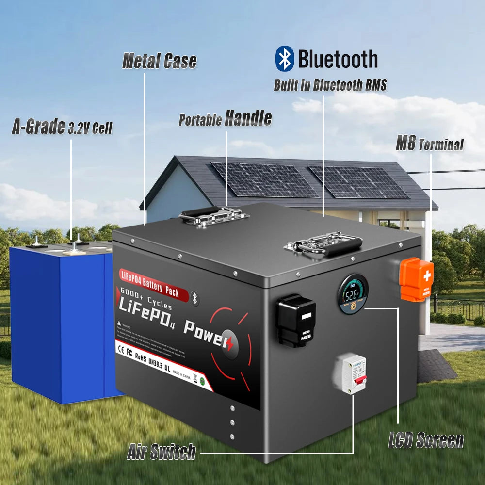 24V 100Ah 200Ah 300Ah LiFePO4 batería Bluetooth BMS grado A 6000 + ciclo profundo para almacenamiento Solar en el hogar RV barco inversores PV