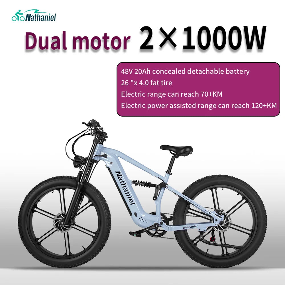 Bicicleta eléctrica Nathaniel SYR09 26*4,0, rueda integrada de doble motor de 2000W, 48V 20Ah, absorción de impactos ajustable, adecuada para ser