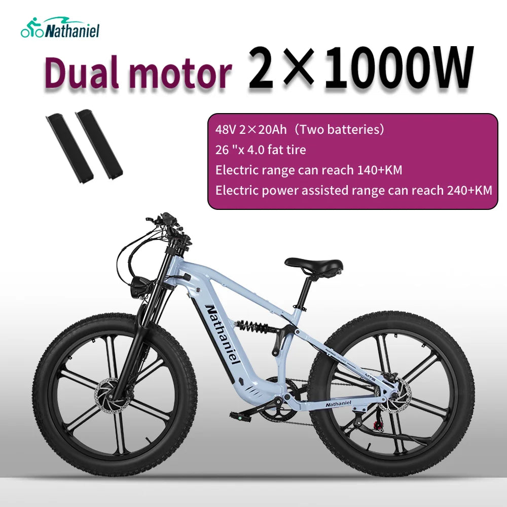 Bicicleta eléctrica Nathaniel SYR09 26*4,0, rueda integrada de doble motor de 2000W, 48V 20Ah, absorción de impactos ajustable, adecuada para ser
