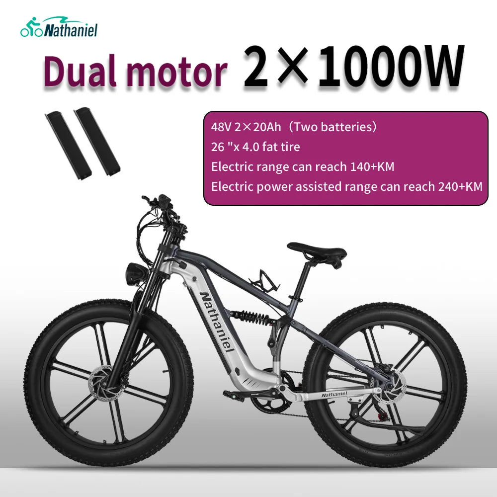 Bicicleta eléctrica Nathaniel SYR09 26*4,0, rueda integrada de doble motor de 2000W, 48V 20Ah, absorción de impactos ajustable, adecuada para ser