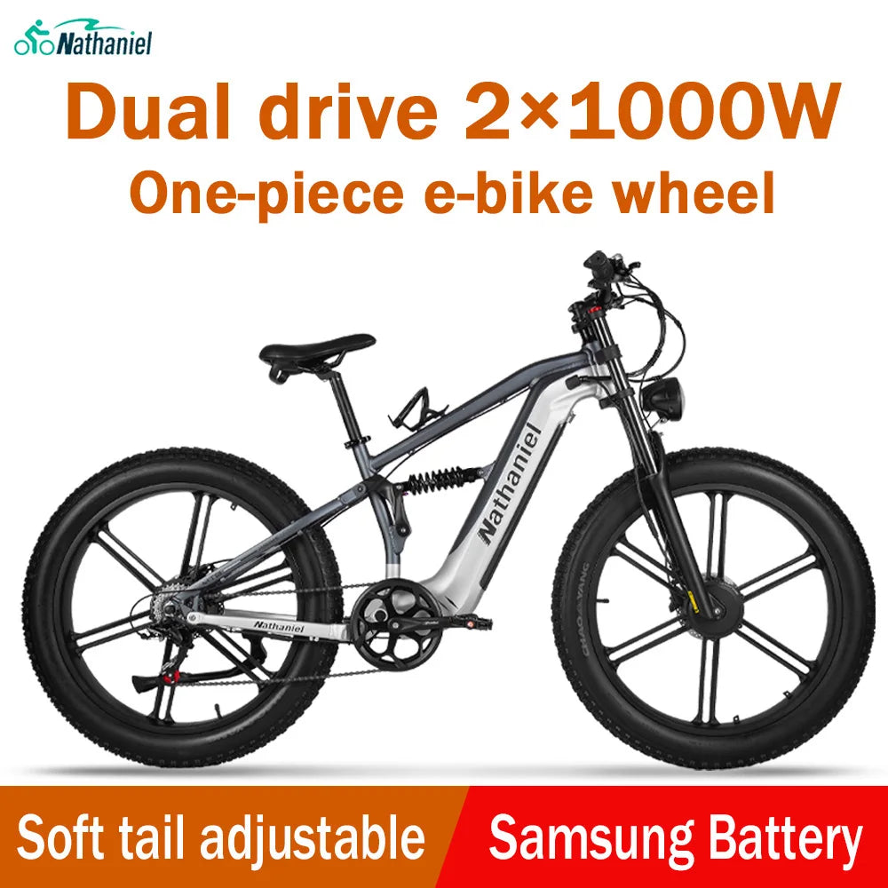 Bicicleta eléctrica Nathaniel SYR09 26*4,0, rueda integrada de doble motor de 2000W, 48V 20Ah, absorción de impactos ajustable, adecuada para ser