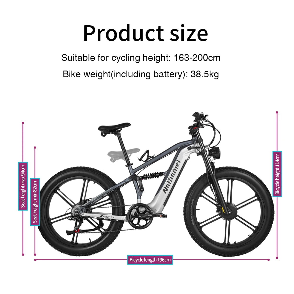Bicicleta eléctrica Nathaniel SYR09 26*4,0, rueda integrada de doble motor de 2000W, 48V 20Ah, absorción de impactos ajustable, adecuada para ser