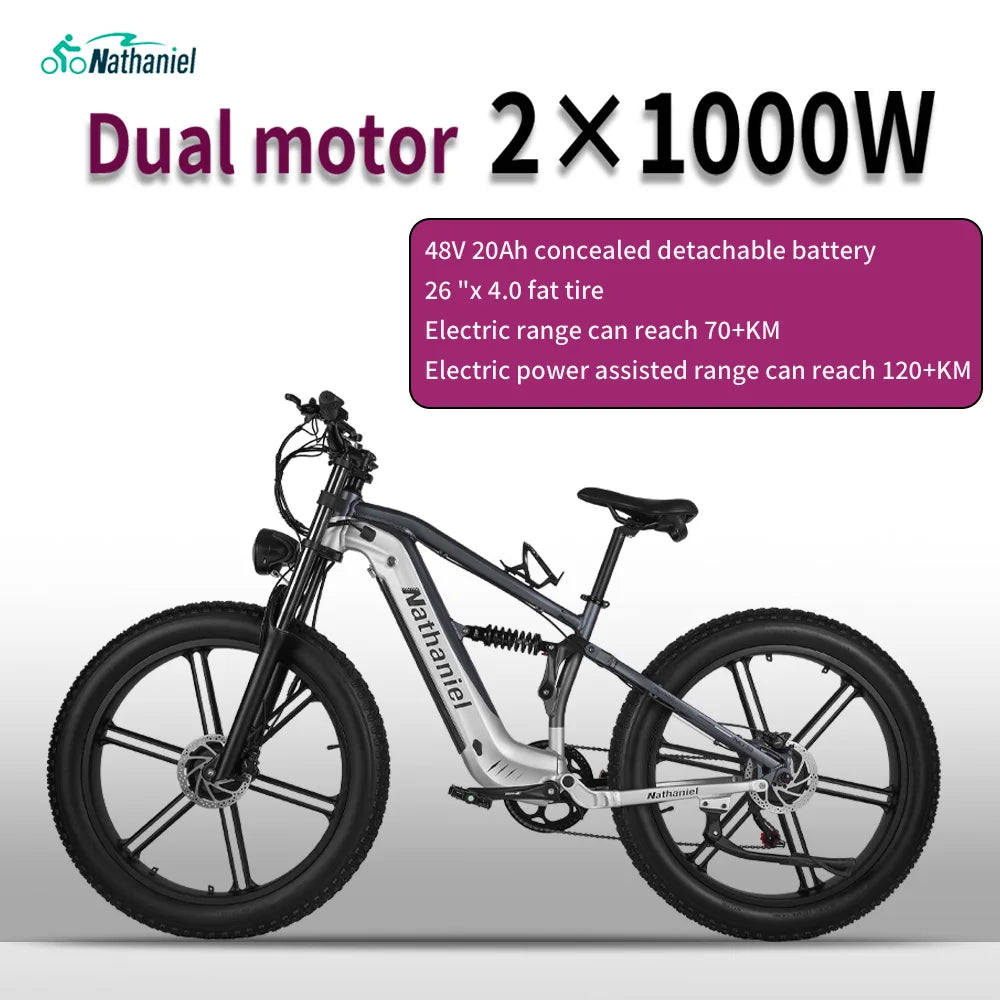Bicicleta eléctrica Nathaniel SYR09 26*4,0, rueda integrada de doble motor de 2000W, 48V 20Ah, absorción de impactos ajustable, adecuada para ser